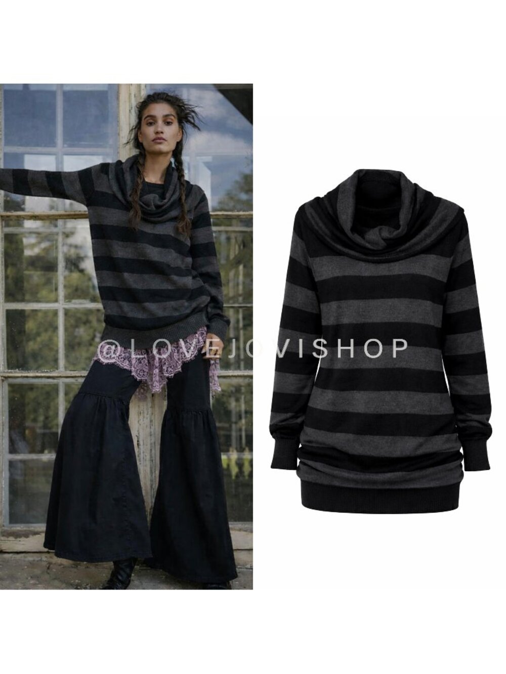 Whimsigoth | French Connection Cowl Neck Sweater | Striped Black Grey Off Should